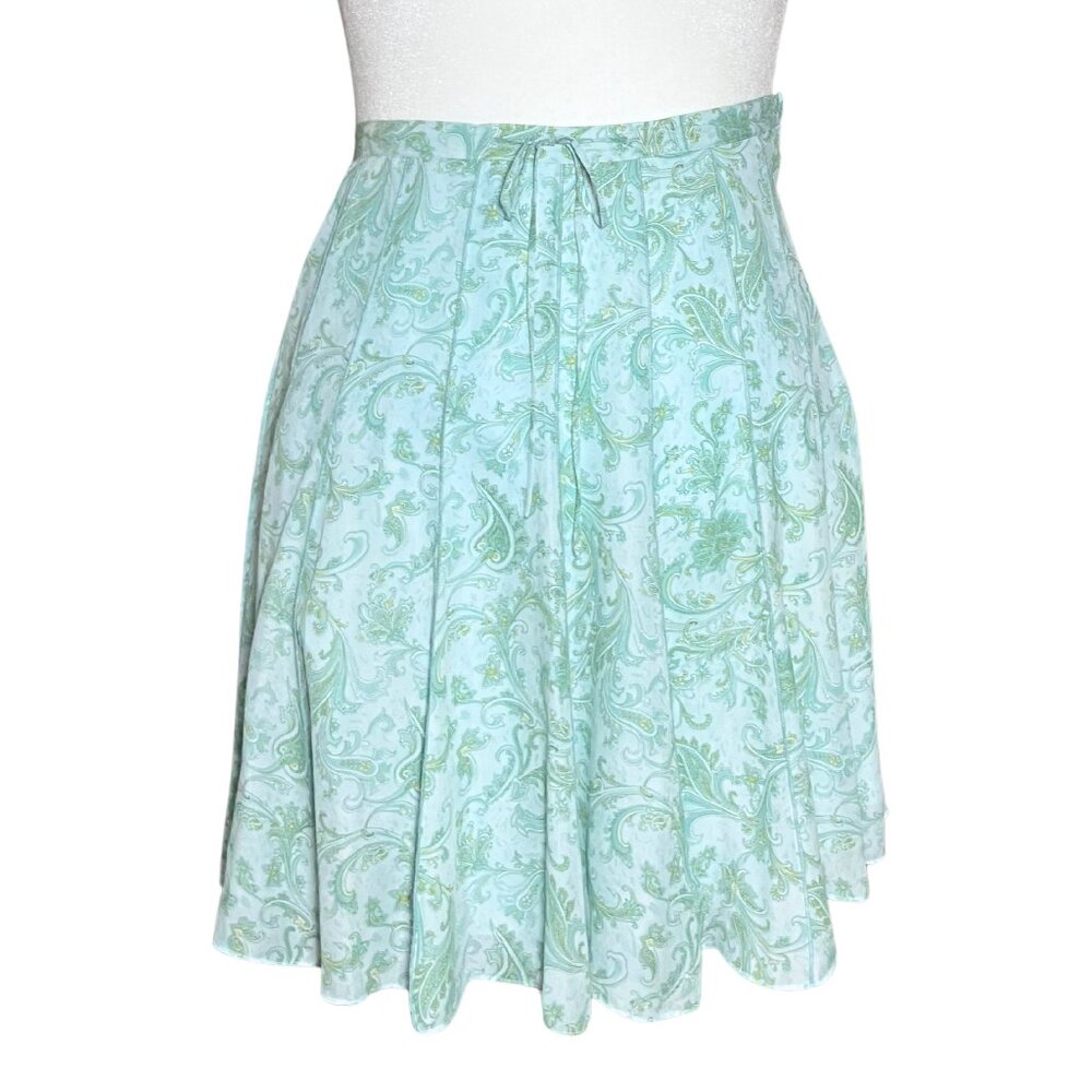 Vintage 100% Silk Y2K Cottagecore Aqua Green Paisley Skirt L/XL Boho Retro Bow
